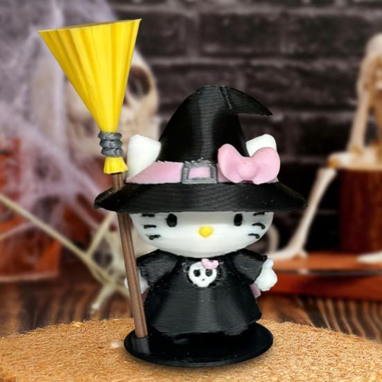 Halloween Witch Cat Figurine Cute 3D Printed Small Cat Witch Statue for Halloween Indoor Home Tabletop Shelf Decor