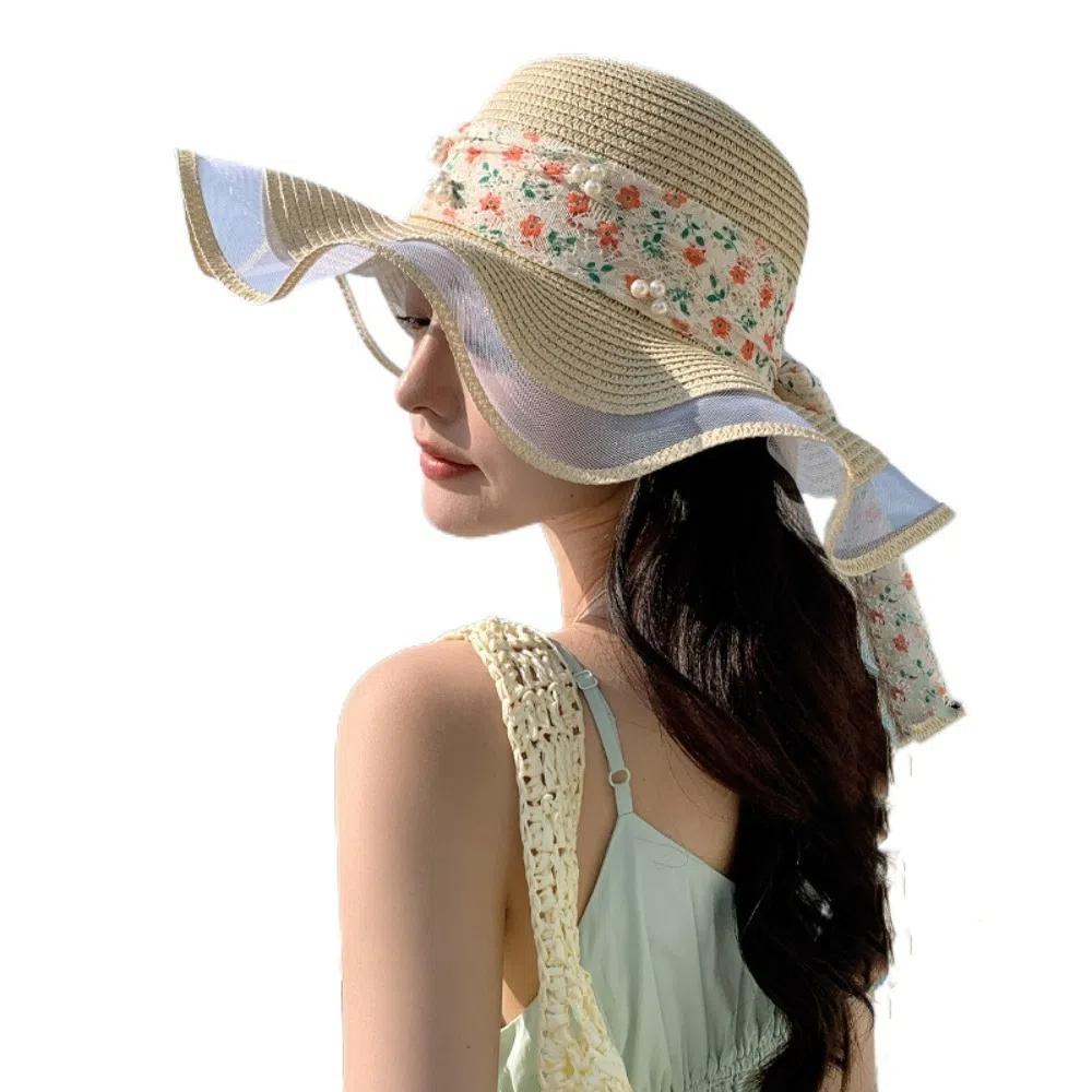 Bowknot Wide Brim Sun Hat Breathable Fisherman Sunshade Cap Fashion Lace Streamers Straw Hat  Girls
