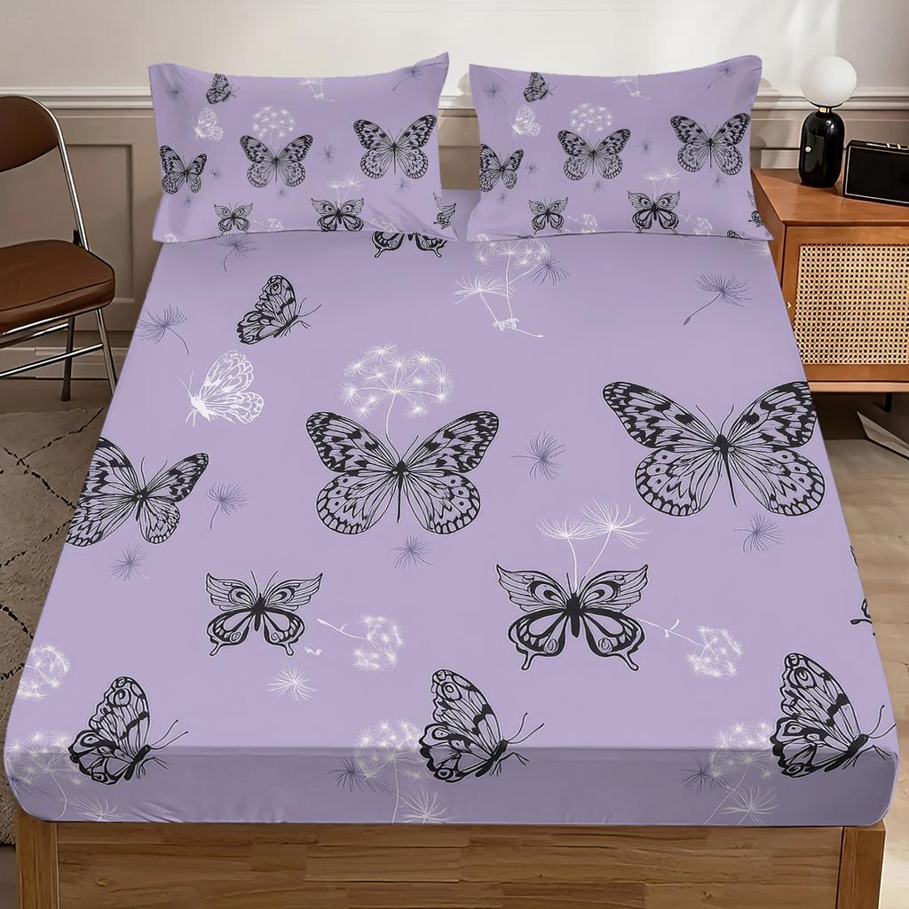 3pcs Purple Dreamy Butterfly Romantic Print Coreless Bed Sheet Set Multiple Sizes Bed Cover Bedroom Bedding Decoration