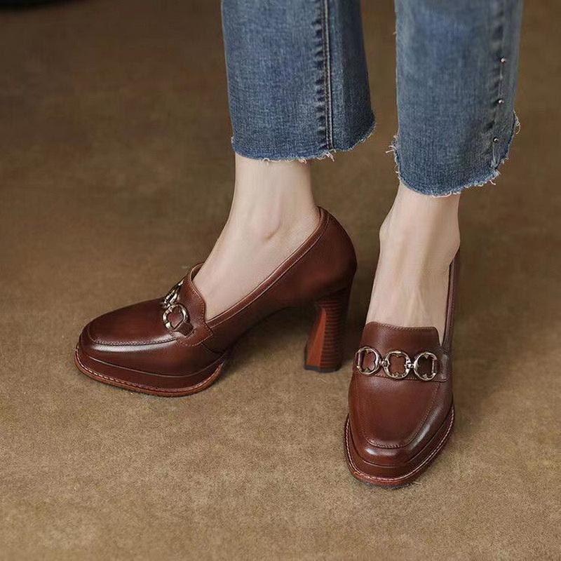 Fashion FHANCHU 2025 Rindsleder Schuhe,Damen Plateau High Heels,Viereckige Zehenpartie, Slipper,Retro-Stil,Braun,Schwarz,Größe 34-39,Dropship