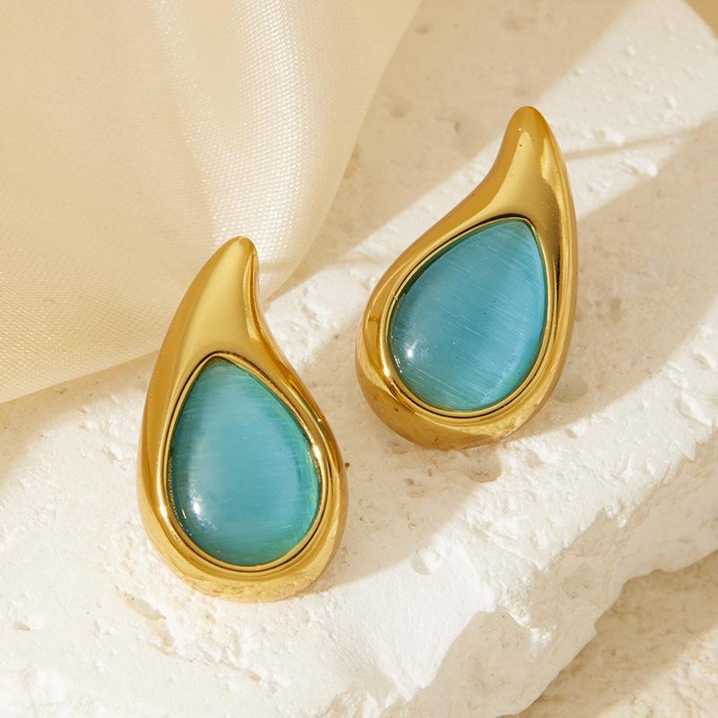 Niche Water Drop Shape Stainless Steel Earrings with Colored Natural Stones - Stylish Retro Women's Studs
