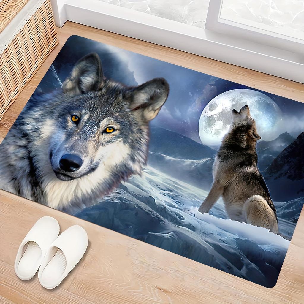 1pc 2D Flat Howling Wolf Moon Mountain Landscape Flannel Area Rug Non Slip Nature Art Carpet For Living Room Bedroom Decor