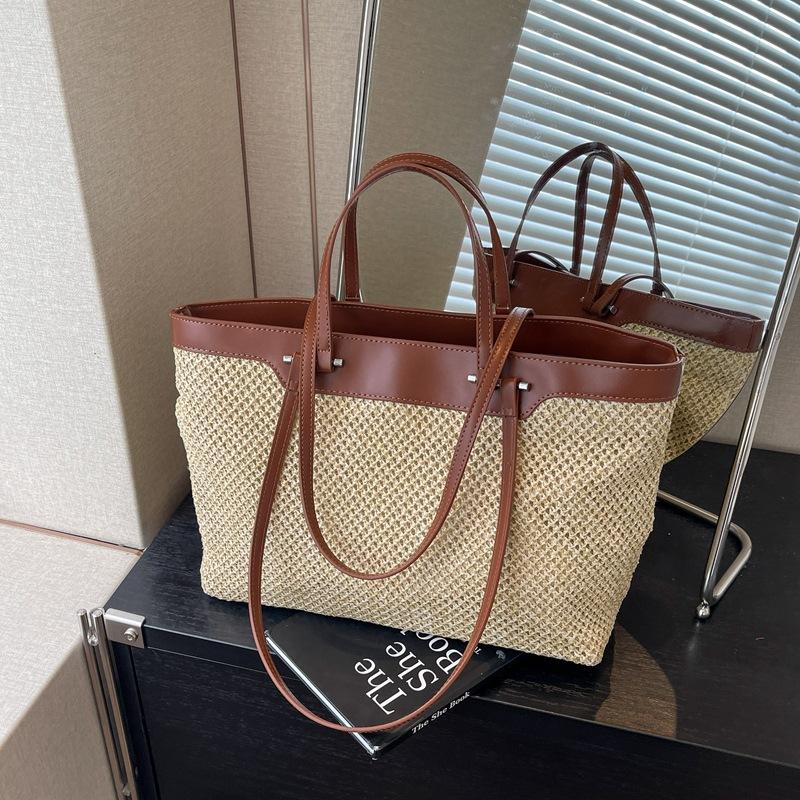 

Соломенная сумка женская повседневная универсальная сумка-тоут ретро большая вместительность на плечо высококлассная модная плетеная сумка коричневый