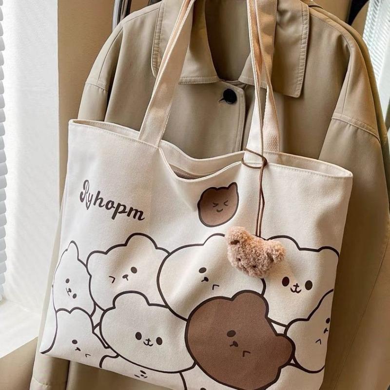 Fashionable Cartoon Printed Cute Bear with Bear Head Pendant, Single Shoulder Large Capacity Student Bag, Versatile Single Shoulder Bag, Handbag