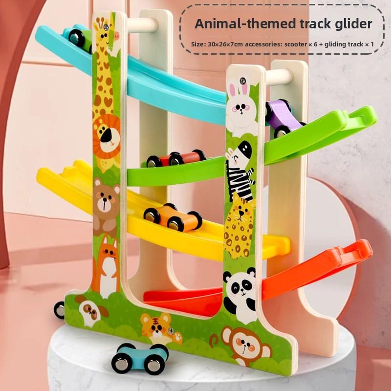 Wooden Kids Racing Track Car Toy With Inertia And Diy Animal