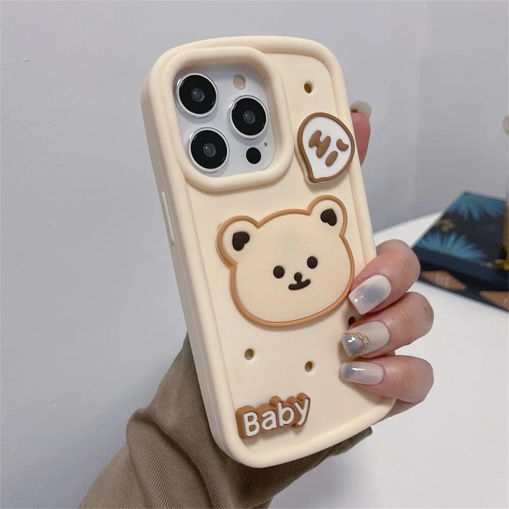 Capa de telefone coreana fofa com urso 3D café para iPhone 15 14 Pro Mac para iPhone 13 11 12 Pro Max capa protetora macia à prova de choque