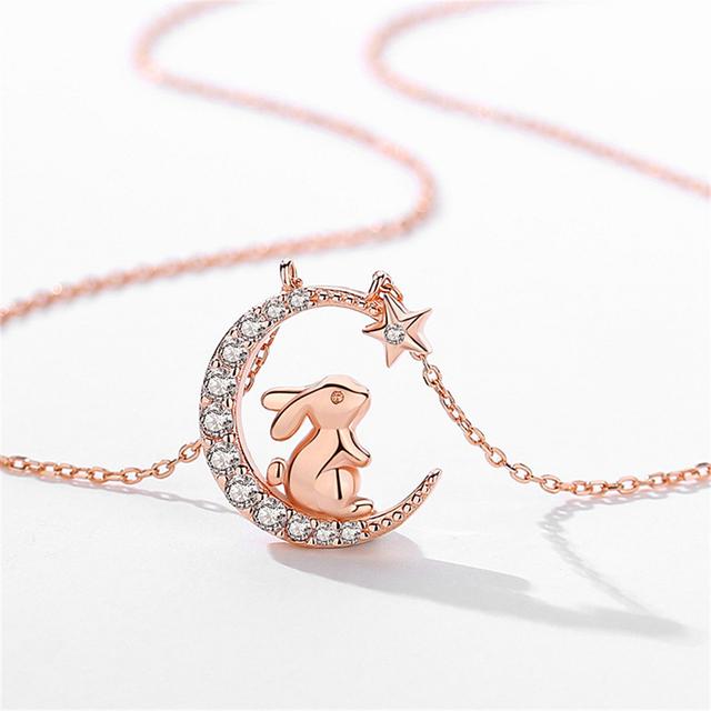 Korean -Style Cute Rabbit Picking Stars Crystal Pendant Necklace Girl Jewelry Star -Moon Clavicle Chain Exquisite Birthday Gifts