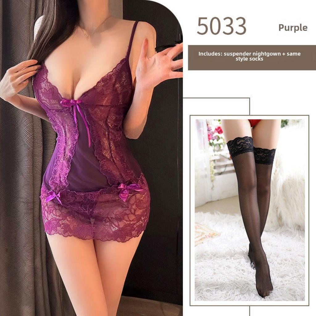 Purple Pure Desire Suspender Nightdress Hollow Lace Transparent Bed Sexy Pajamas Flirting