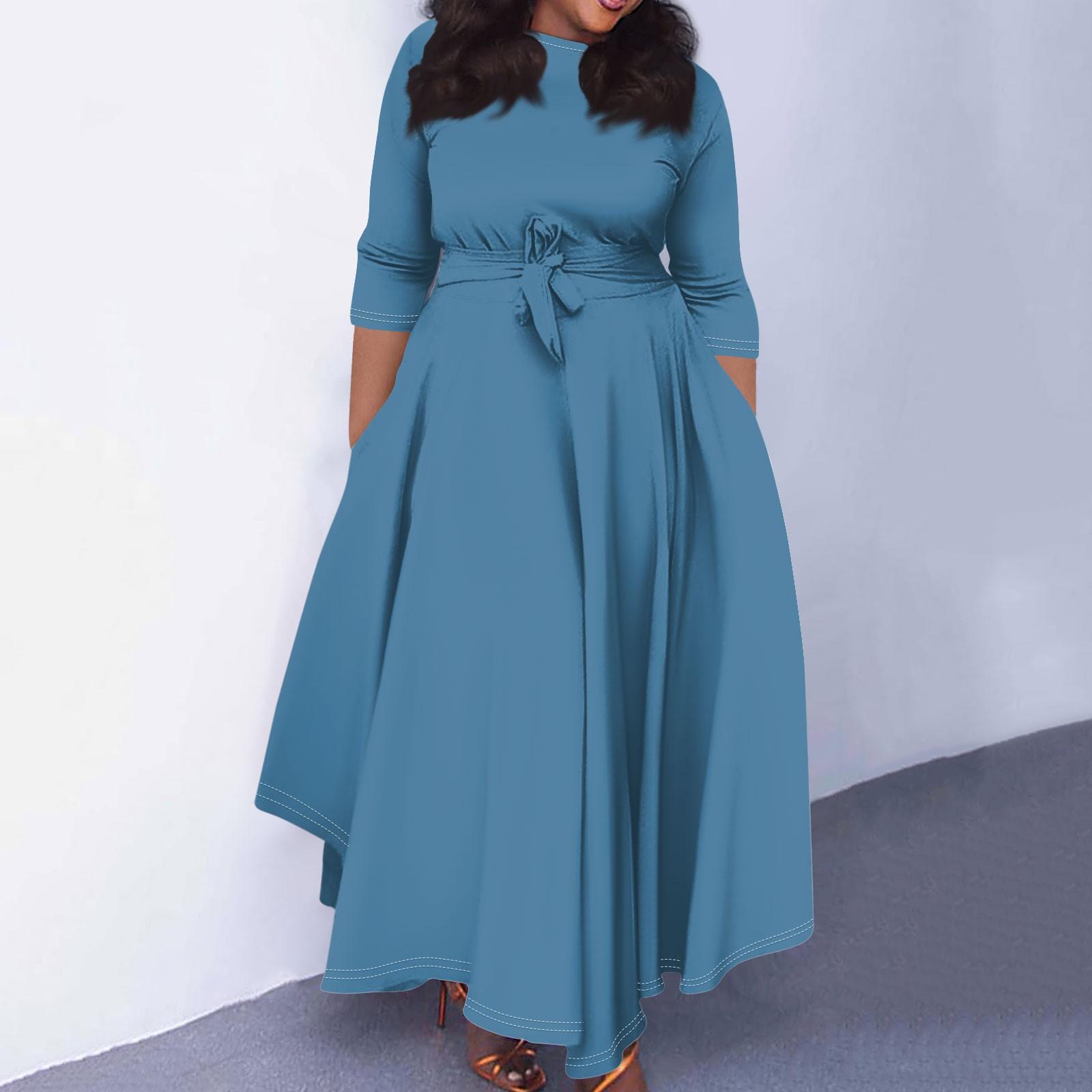 

Жіноча повсякденна модна однотонна одноколірна сукня з круглим вирізом і рукавом три чверті з кишенями на бретельках XL