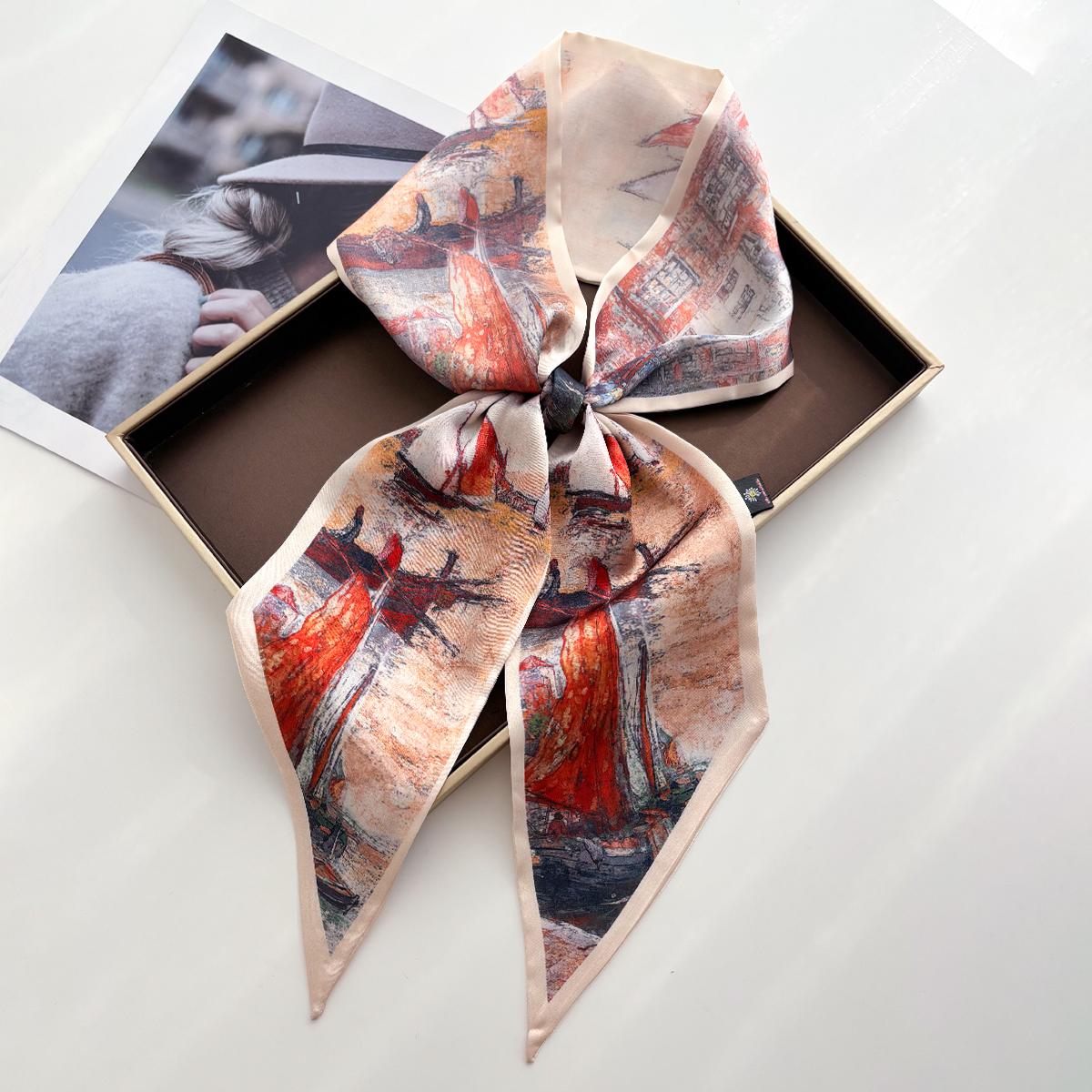

Skinny Scarf For Women Luxury Printed Hair Band Soft Stain Silk Ribbon Fashion Tie Neck Bag Design Wrist Belt For Daily Wear