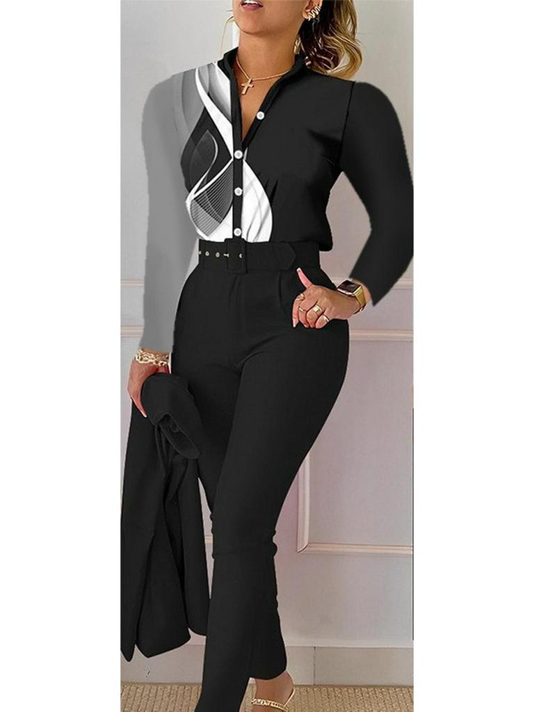 Printed Long-Sleeve Top & Solid Color Pants Suit with Belt