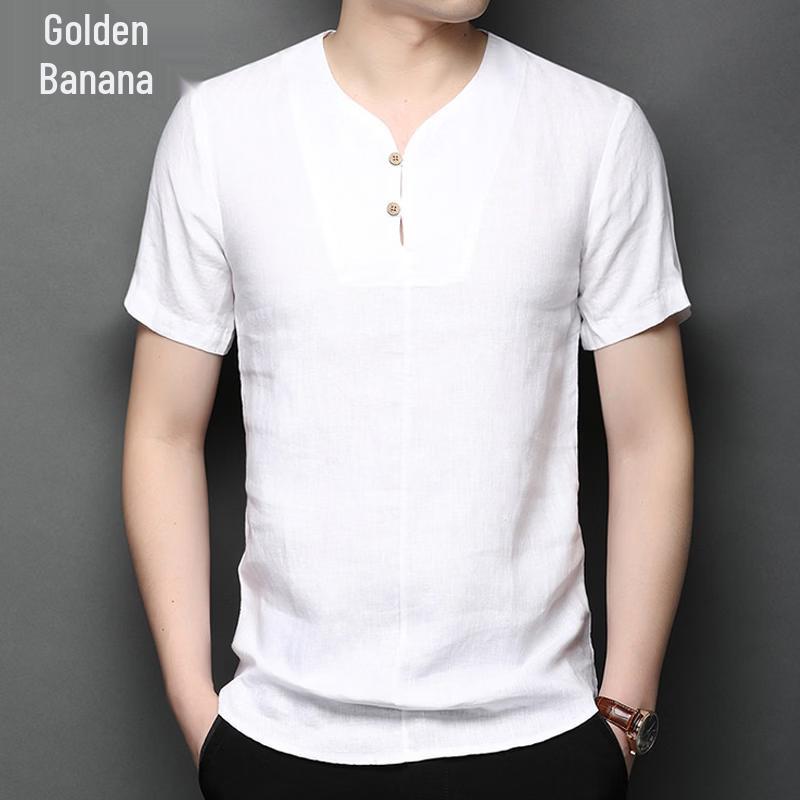 Jinjuan Men s 100% Linen V-Neck T-Shirt XL