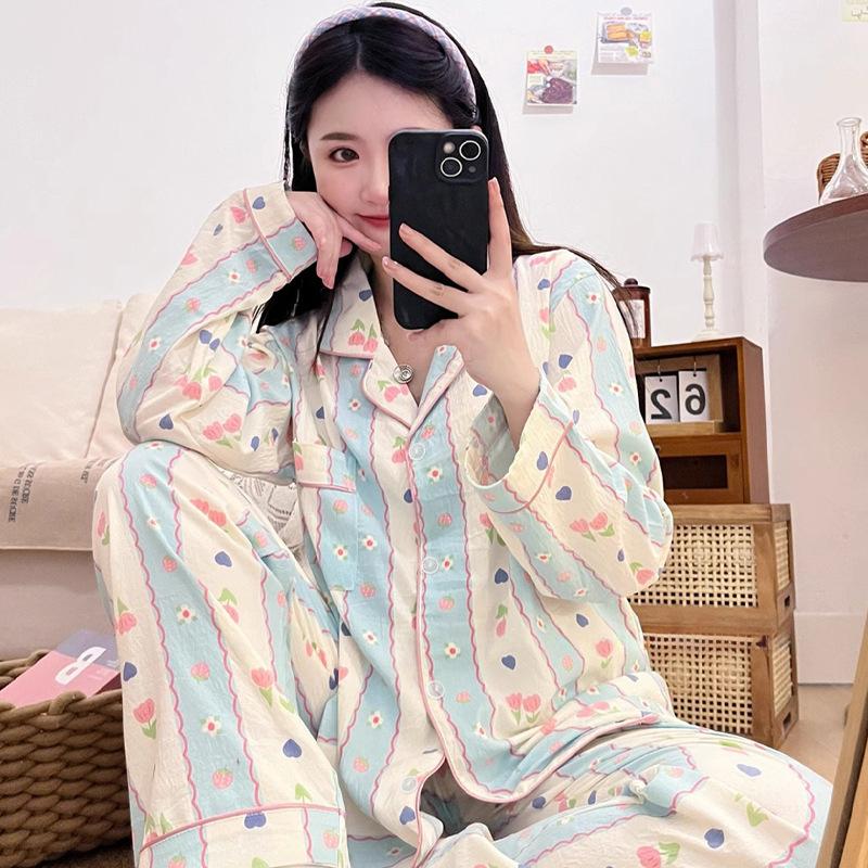 Striped Pajamas Women'S Spring And Autumn Long-Sleeved Suit Cloud Cotton Tulip Bear Loungewear Can Be Worn Outside