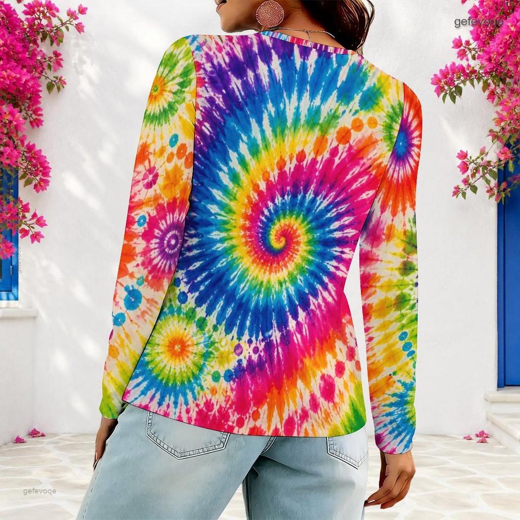 Women Plus Size Long Sleeve V Neck Colorful Abstract Printed Casual T Shirt