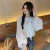 Solid Color Women's Shirt Stand Collar Bow Tie Fold Detail Diagonal Buckle Lantern Sleeves Blouse French Style Spring New Version Loose Women's Top
