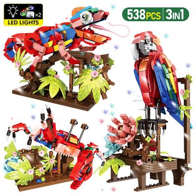 MOC 3 in 1 Amazon Jungle Serie Bausteine Simulations Tier Modell Papagei Chamäleon Krabbe Cartoon Bausteine Spielzeug für Kinder Geschenke