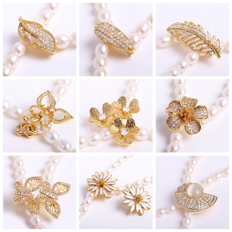 Trendy 18K Gold Plated Pearl Clasps For Necklace Making Accessory,Brass Inlaid Zircon Leaf Pearl Clasps DIY Jewelry Findings