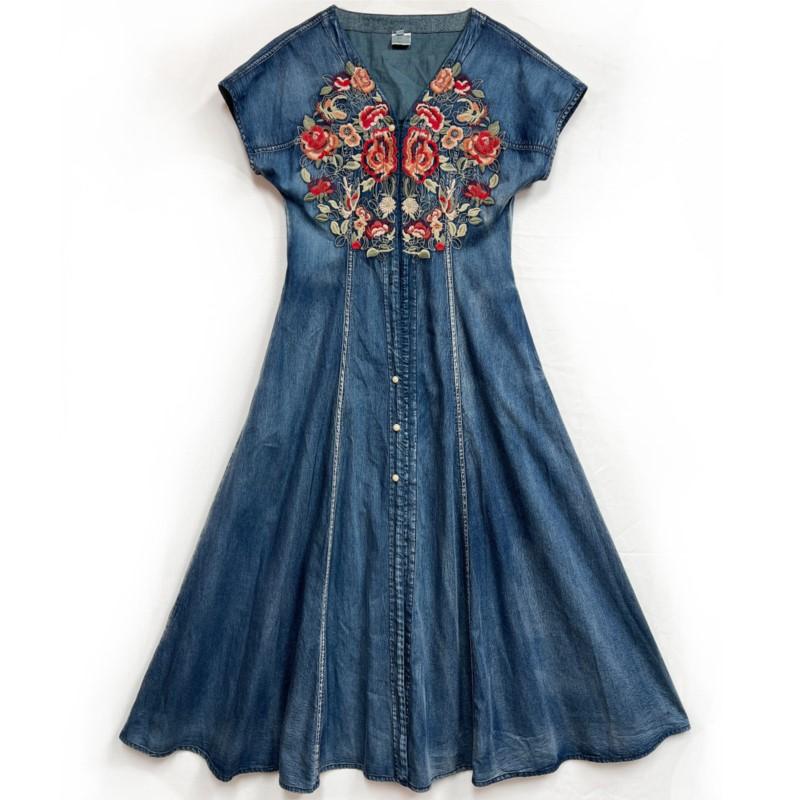 Johnature Chinese Style Casual Embroidery Vintage Cowboy Dress Summer Women Solid Color Niche Design Dresses