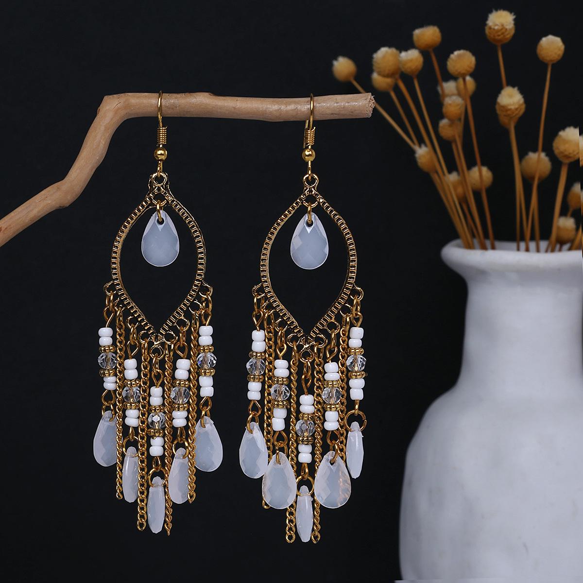 

Богемні сережки з китицями у формі крапель води: Ретро етнічний стиль з кольоровими рисовими намистинами для жінок