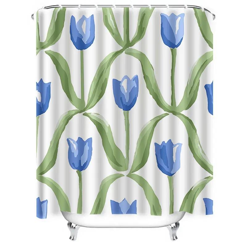 

Vibrant Blue Tulip Shower Curtain Luxury Waterproof Fabric Bathroom Decor Elevate Home Aesthetics Complimentary hook W90xH180cm