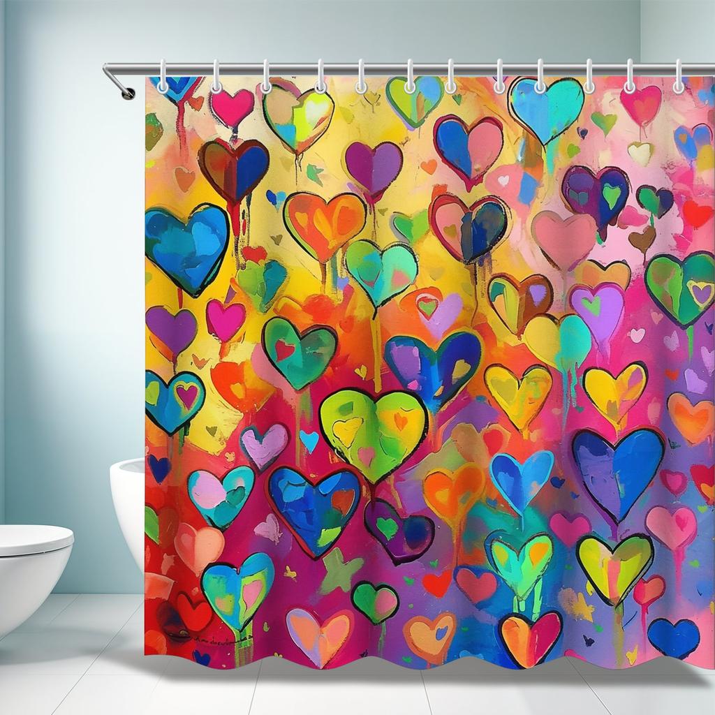 Valentine's Day Shower Curtain - Colorful Heart Pattern, Vibrant Polyester, Perfect for Valentine’s & Mother’s Day Gifts