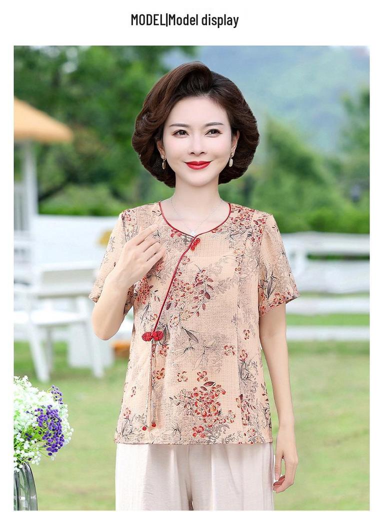 Moda de vară 2025: Set tricou cu mânecă scurtă și bluză cu imprimeu elegant pentru femei de vârstă mijlocie și vârstnice