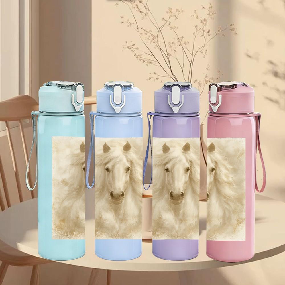 1PC White Horse Soft Portrait Art 750ml Color Plastic Sports Water Bottle Leakproof Flip Straw Lid Suitable for Sports Office Home Use