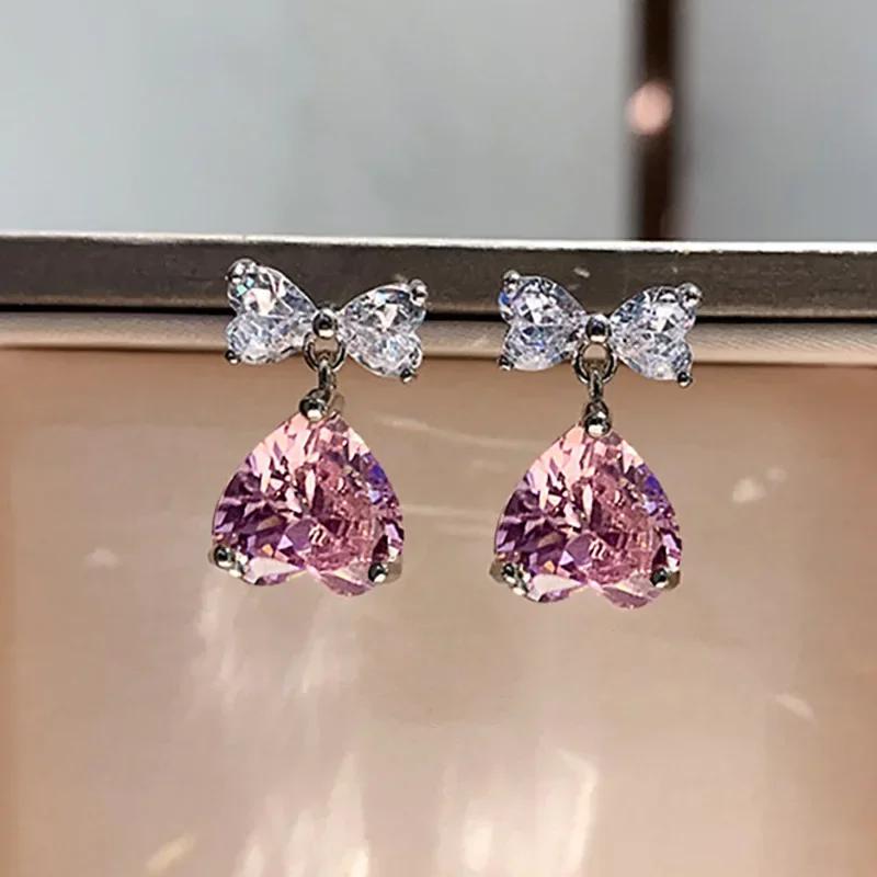 Elegant Light Luxury Pink Zircon Earrings for Women High-End Temperament Trendy Zircon Accessory