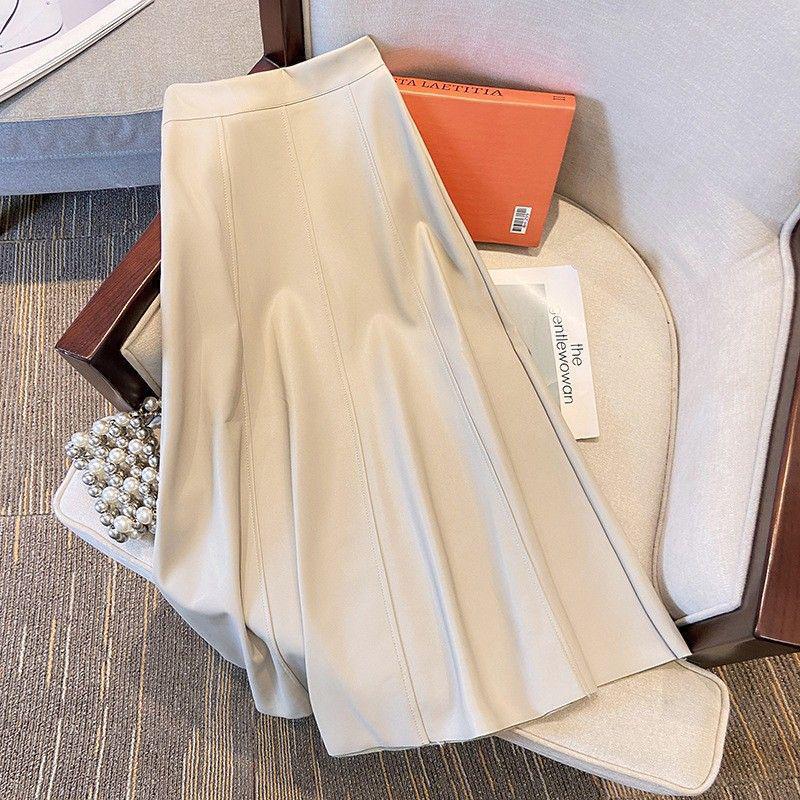 Fließender Hepburn-Stil A-Linien-Rock aus PU-Leder - Hohe Taille Mittellang für Damen