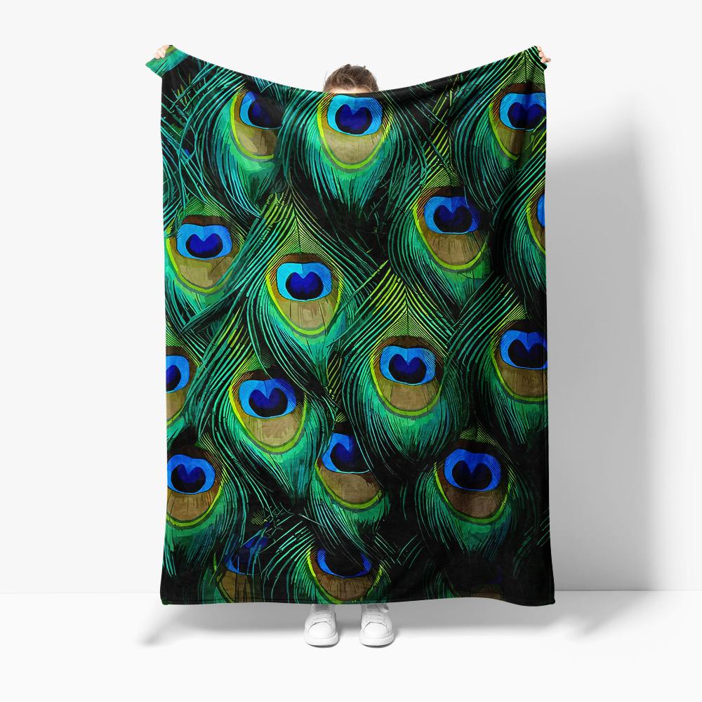 Dark Peacock Feather Print Fleece Blanket Soft Warm Throw Blanket for Sofa Bed Bedroom Decoration Gift 75x100cm