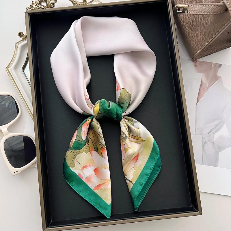 70cm Chinese Style Lotus Printed Scarf Women's Simulated Silk Plant Printed Scarfs Thin and Fashionable Headscarf Shawl Scarf