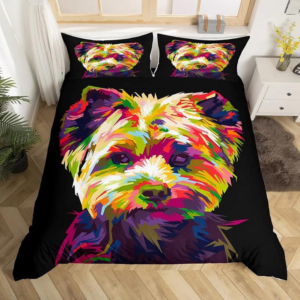 Watercolor Dog Bedding Set Cute Happy Colorful Puppy Duvet Cover Cartoon Bedding Decoration Queen for Women Children Girls Gift
