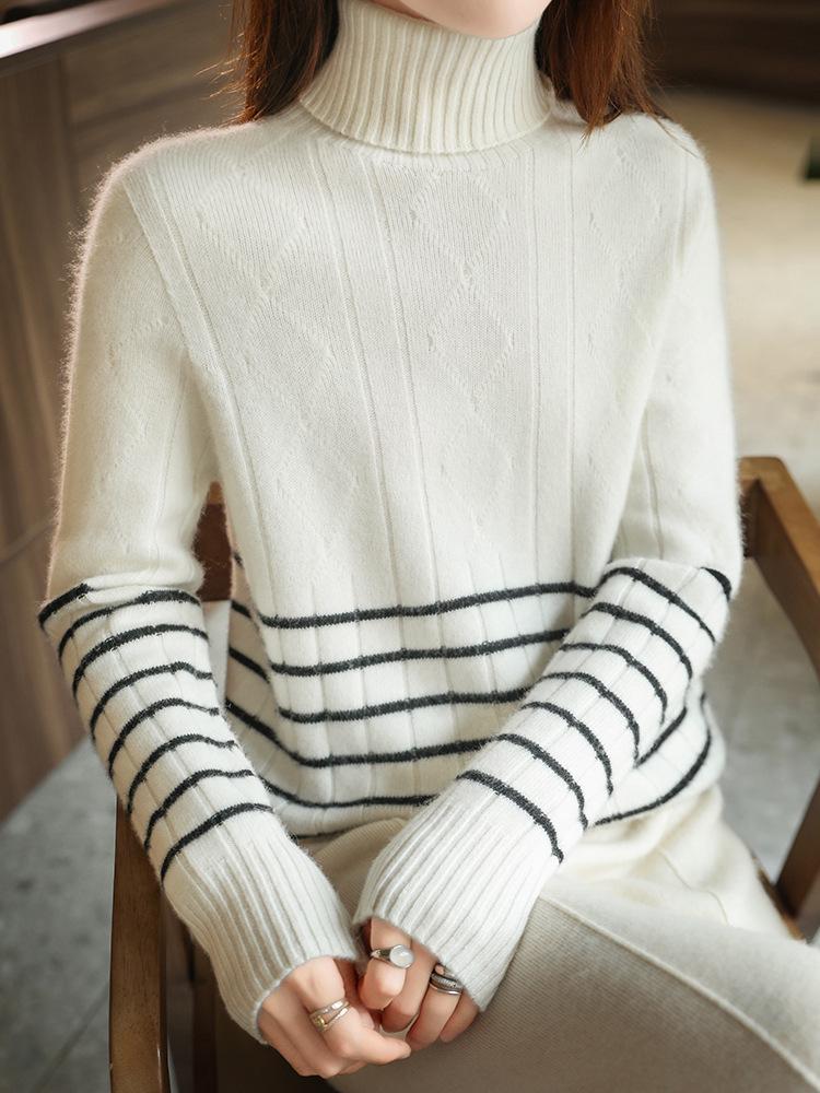2026 A/W Women's High Neck 100% Wool Patchwork Sweater - Thick, Slim Fit, Versatile Knitwear