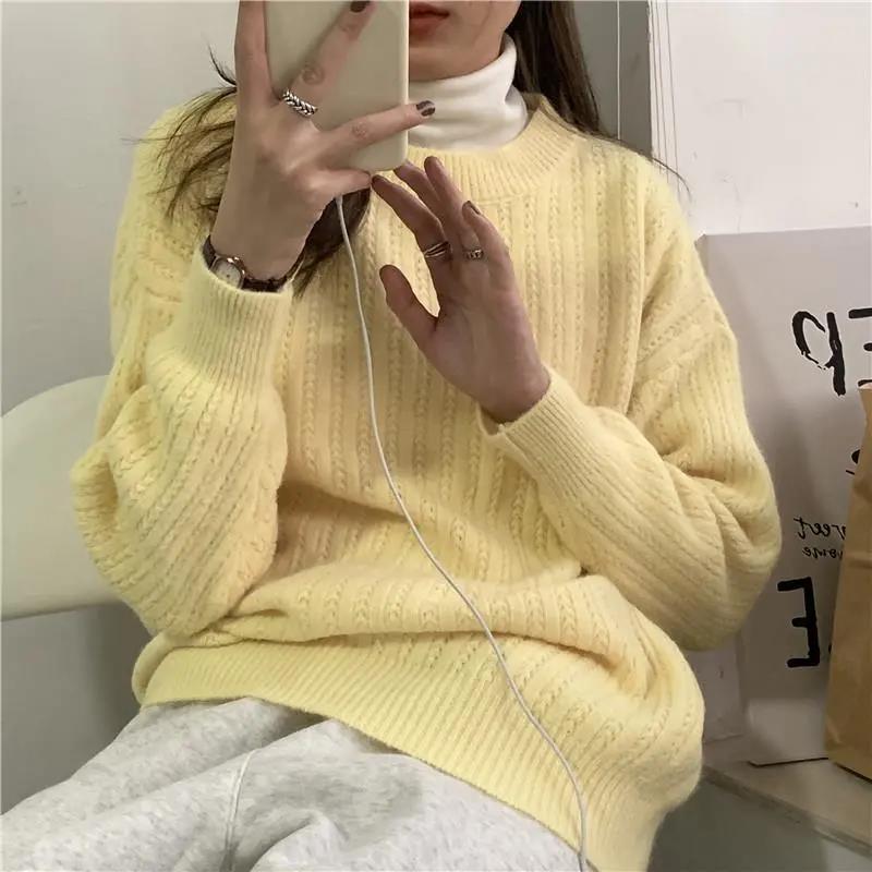 Mjuk stil på hösten och vintern Lösstickad tröja med lång ärm Damtröja Damstil Enfärgad tröja