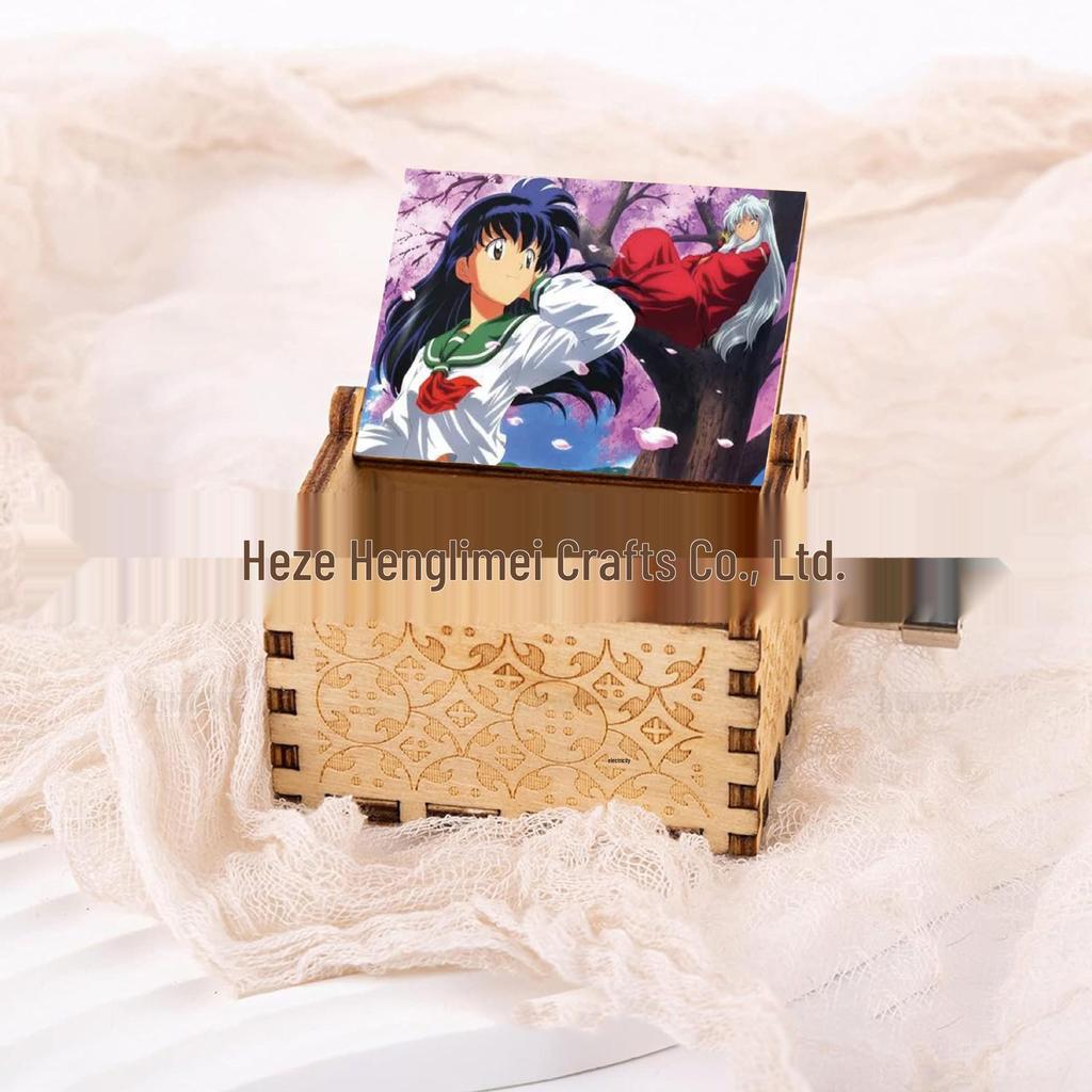 Hand-Painted Wooden Inuyasha Music Box - Hand-Crank Mini Box Gift for Kids