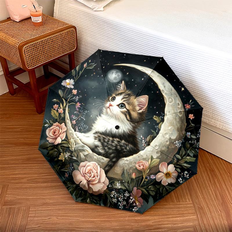 1 PC Automatic Folding Umbrella - Kitten and Moon Night Pattern, Portable & Foldable Design with 8 Ribs, Christmas Birthday Gifts