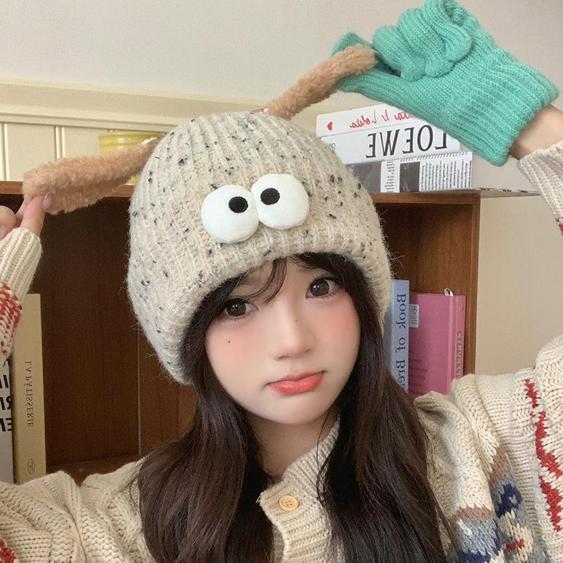 Cute Funny Big eyed Cartoon Hat for Women In Autumn and Winter New Warmth and Thick Knitted Pullover Hat Versatile Wool Hat