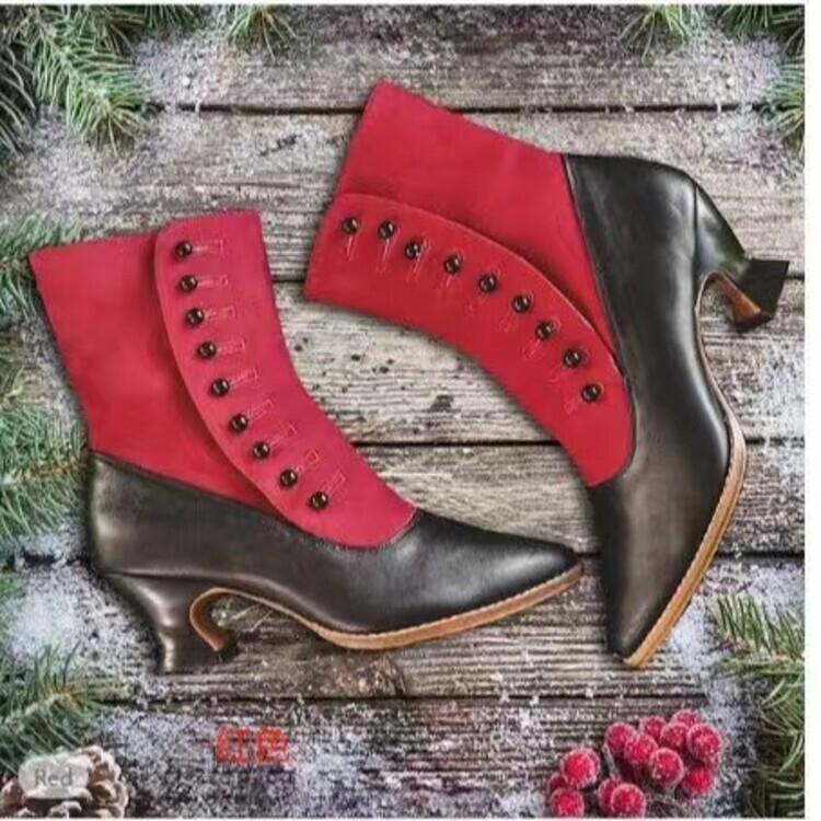 Color Matching Button Medium Tube Women's Boots Spring and Summer New European and American Style Pointed Horseshoe and Medium Heel Women's Boots