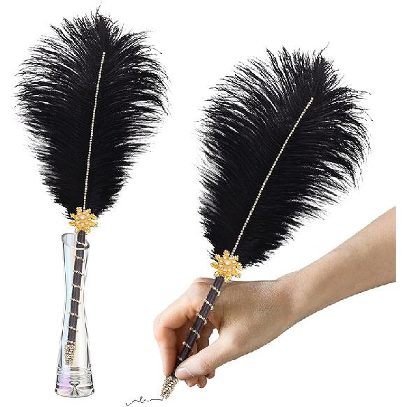 CROWN GUIDE Crystal Ostrich Feather Pen Quills for Wedding Guest Book Signing Nikkah 1920s Great Gatsby Reception Accessories Bridal Shower Party