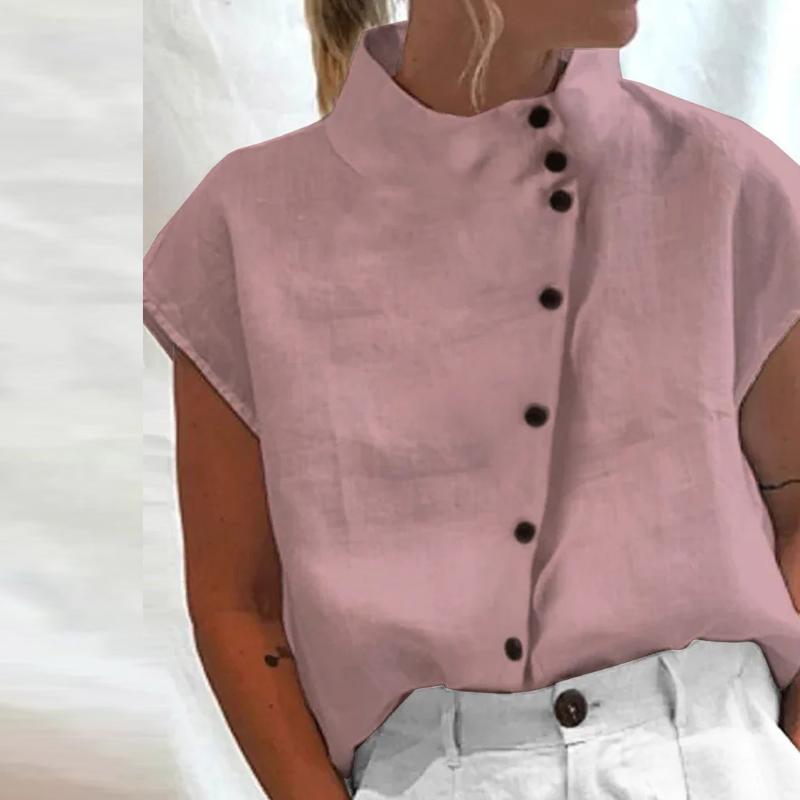 Unregelmäßige Button-Up-Bluse aus Baumwollleinen, weißes Oberteil, grün-schwarzer Stehkragen, Freizeithemd für Damen, kurzärmelige Hemden