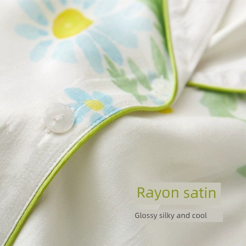 Fresh Sunflower Loose Rayon Satin Poplin Pajamas Women's Summer Cool Ice Silk Home Wear Suit Women