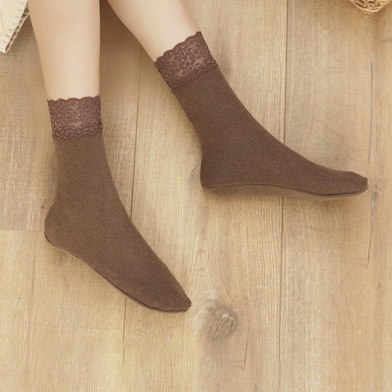 1Pair Lace Keep Warm Thicken Winter Socks Self-heating Fleece-lined Cotton Snow Socks