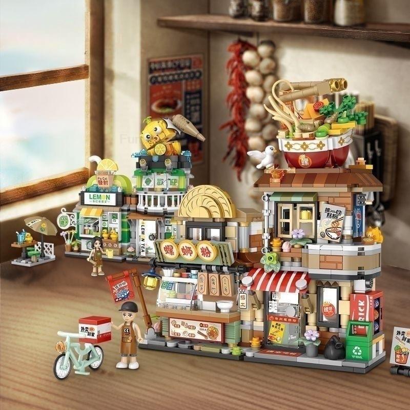 Japanese Mini Block Street View Folding Food Street Octopus Barbecue Ice Shop Assembly Building Block Toys Christmas Gift