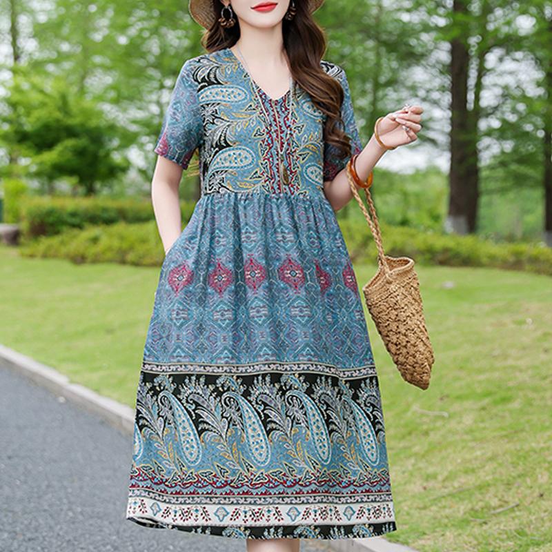 Elegant Women's Dress Summer Vintage Clothes Loose Short Sleeve Plus Size Casual Long Dresses