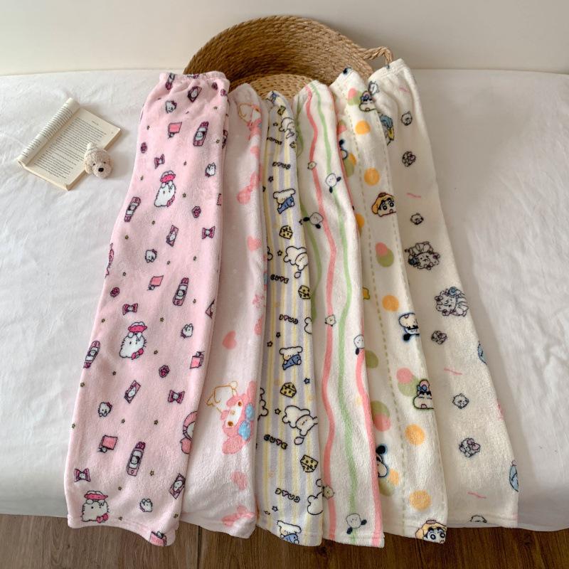 Women's Flannel Plaid Sleep Pants - Autumn/Winter Velvet Warm Coral Fleece Pajama Bottoms