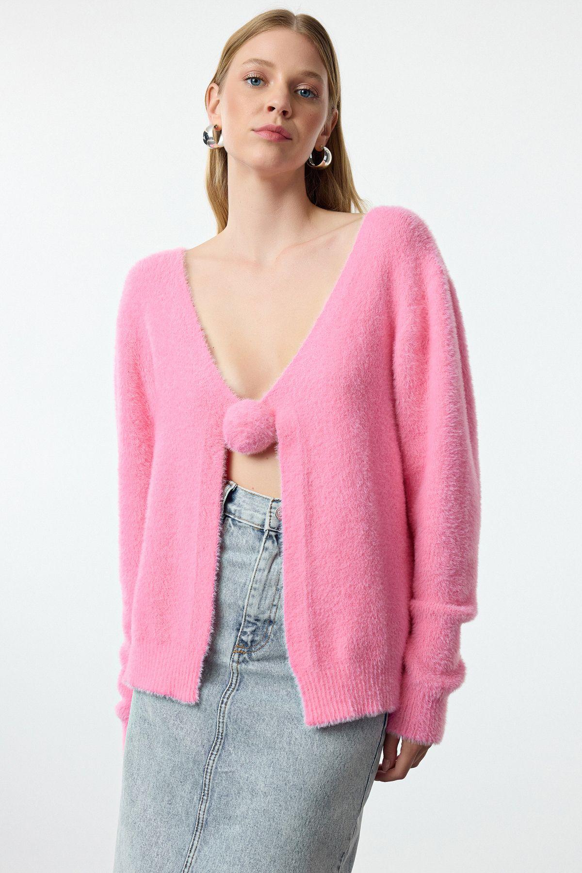 

Women s Elegance Style Cardigan Pink Feathered Rose Detailed Knitwear Cardigan S