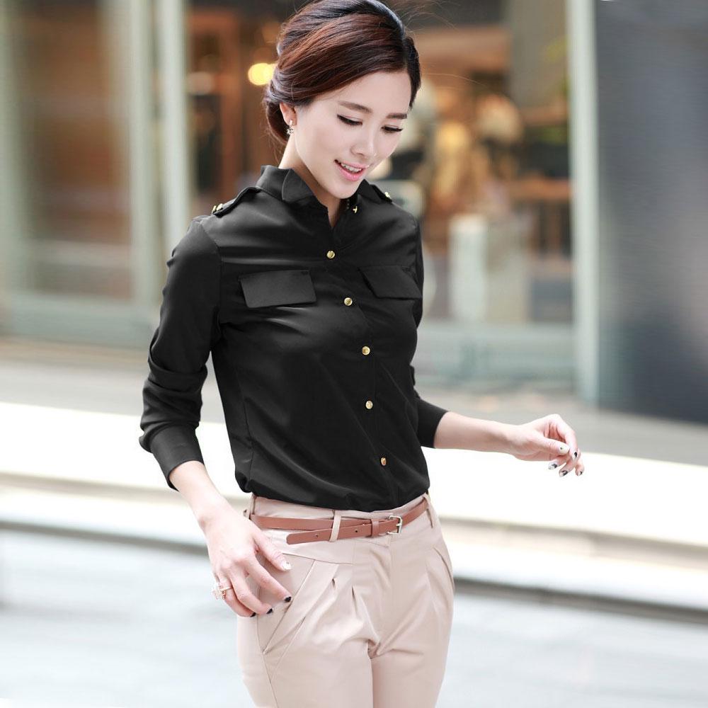 Long Sleeve Blouse OL Style Plain Color 