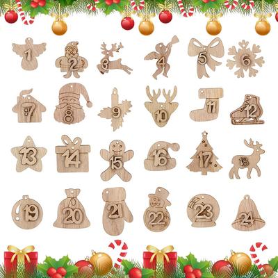 24pcs/set DIY Xmas Clips Gift Bags Decor Christmas Advent Calendar Wooden Pendant Number Label Countdown Hanging Tags