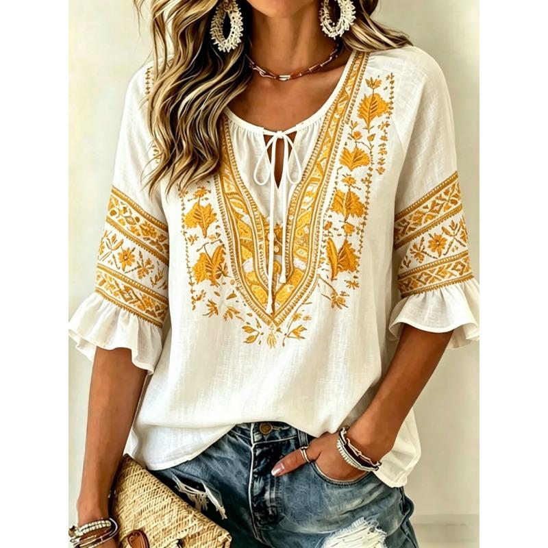 Damen Weiße Geblümte & Paisley Print Krawattenhals Bluse, Lässige Lockere Tops für Frühling Sommer Tägliches Tragen & Urlaubsanlässe