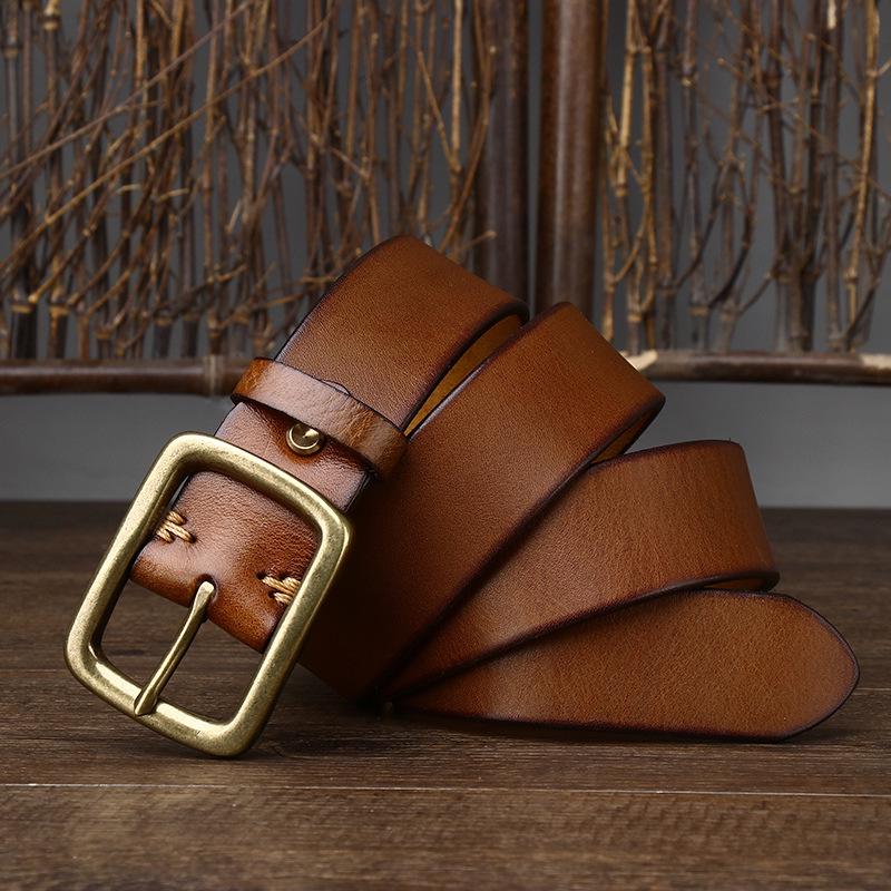 

Men s Retro Ame Kaji Genuine Leather Belt - Copper Buckle, Versatile Casual Style. 130cm